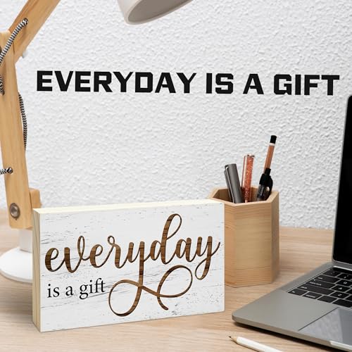 EXW Everyday is a Gift Rustic Wooden Block Sign, 5x3 Inch Positive Inspirational Wood Plaque, Farmhouse Home Decor for Desk Tabletop Shelf, Housewarming Christmas Gift for Friends Family - A14 - Image 3