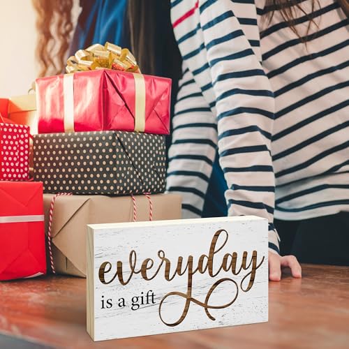 EXW Everyday is a Gift Rustic Wooden Block Sign, 5x3 Inch Positive Inspirational Wood Plaque, Farmhouse Home Decor for Desk Tabletop Shelf, Housewarming Christmas Gift for Friends Family - A14 - Image 5