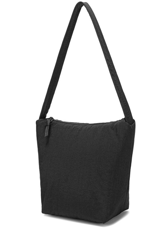 YIKOEE Small Nylon Mini Tote Bag for Women Puffer Cute Tiny Shoulder Purse (Black) - Image 1