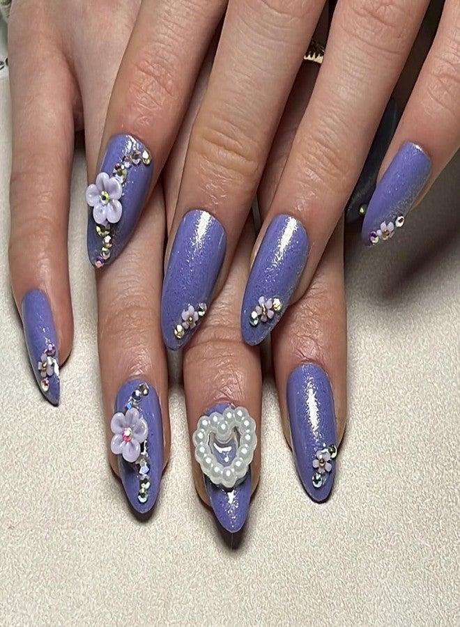DOCVOEOMH Press on Nails Short Medium Almond Shaped Acrylic Fake Nails with 3D Flower Heart Design Glue on Glossy Full Cover Artificial Gel False Stick on Nail for Girls Women Wedding Manicure 24Pcs - Image 1