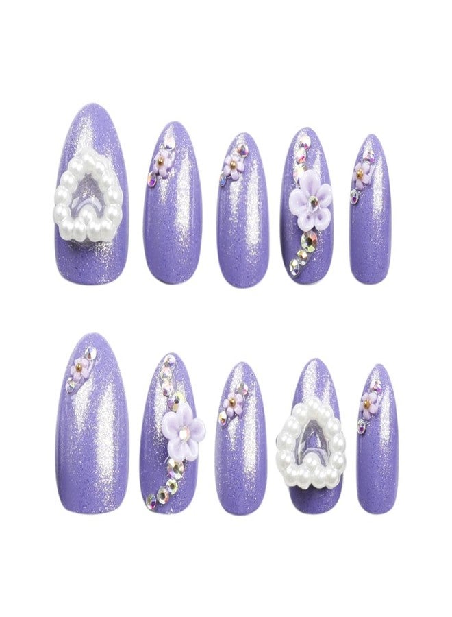 DOCVOEOMH Press on Nails Short Medium Almond Shaped Acrylic Fake Nails with 3D Flower Heart Design Glue on Glossy Full Cover Artificial Gel False Stick on Nail for Girls Women Wedding Manicure 24Pcs - Image 3