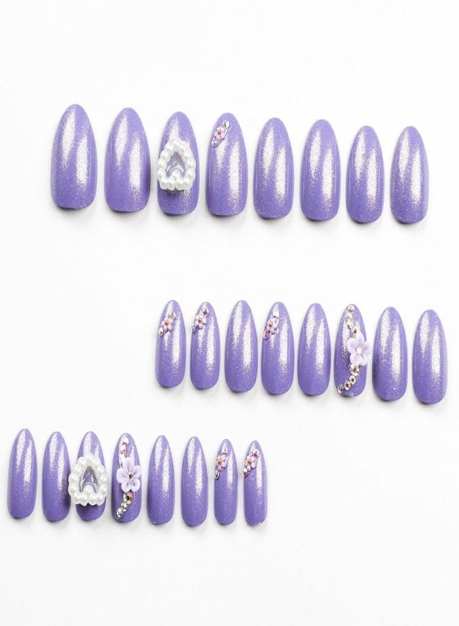 DOCVOEOMH Press on Nails Short Medium Almond Shaped Acrylic Fake Nails with 3D Flower Heart Design Glue on Glossy Full Cover Artificial Gel False Stick on Nail for Girls Women Wedding Manicure 24Pcs - Image 2