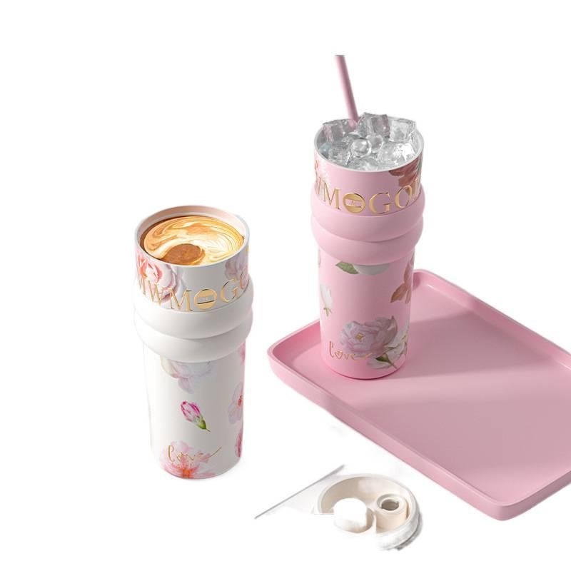 كوب قهوة بمقبض وغطاء بشفاط من ستانلس ستيل مع بطانة خزفية ومناسب لحامل الأكواب، 710 ml مع غطاء بقشة مع مقبض من الستانلس ستيل - Image 4