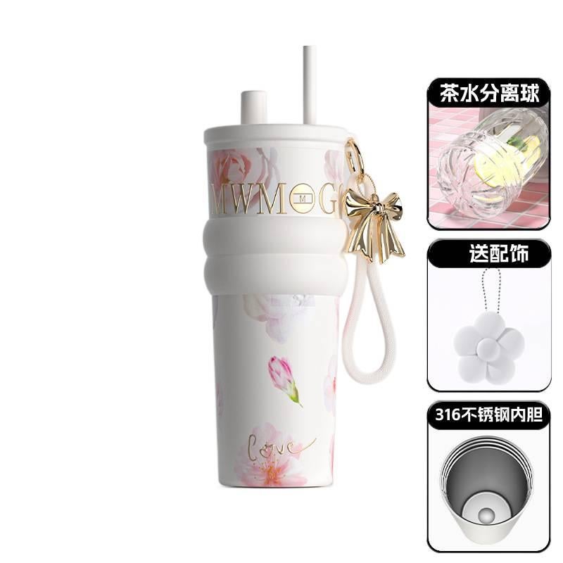 كوب قهوة بمقبض وغطاء بشفاط من ستانلس ستيل مع بطانة خزفية ومناسب لحامل الأكواب، 710 ml مع غطاء بقشة مع مقبض من الستانلس ستيل - Image 1