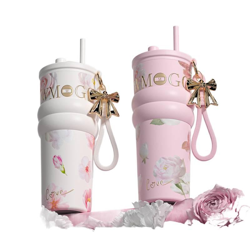 كوب قهوة بمقبض وغطاء بشفاط من ستانلس ستيل مع بطانة خزفية ومناسب لحامل الأكواب، 710 ml مع غطاء بقشة مع مقبض من الستانلس ستيل - Image 3