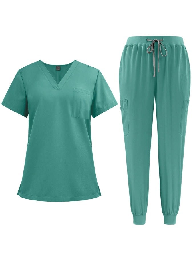 Loquat Medical Uniform Scrubs 2 Piece Set V-Neck Top and Jogger Pants Suit Green - Image 1