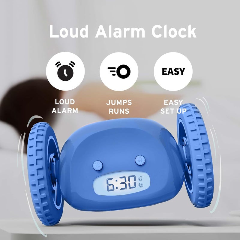 CLOCKY Extra Super Loud Alarm Clock for Heavy Sleepers Adults Kids Teens Bedroom, Move Jump Roll Run Away Easy to Set Smart Digital Alarm Clock Funny Gag Gift (Blue Wheels) - Image 2