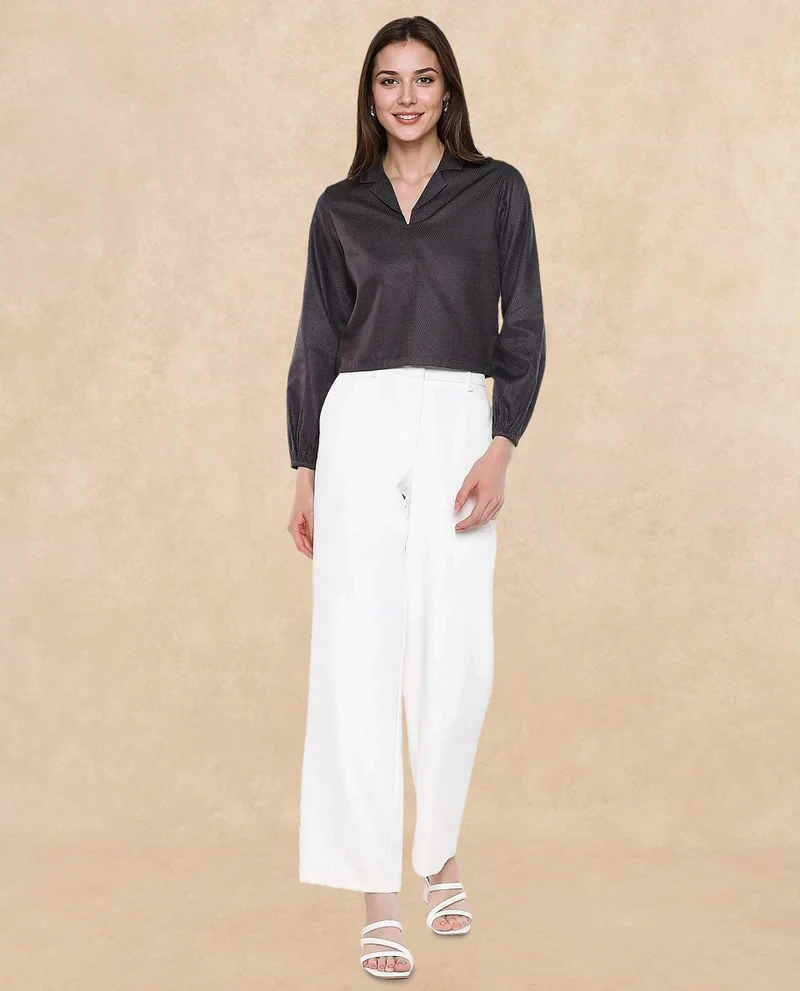 Rareism Women's Lapel Collared Solid Top