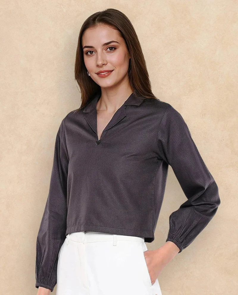 Rareism Women's Lapel Collared Solid Top