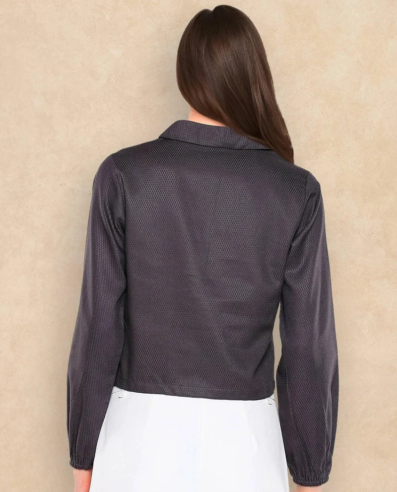 Rareism Women's Lapel Collared Solid Top