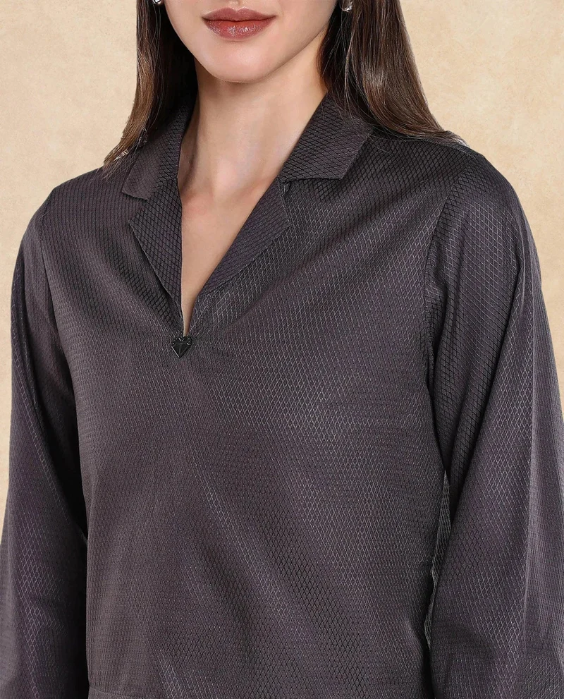 Rareism Women's Lapel Collared Solid Top