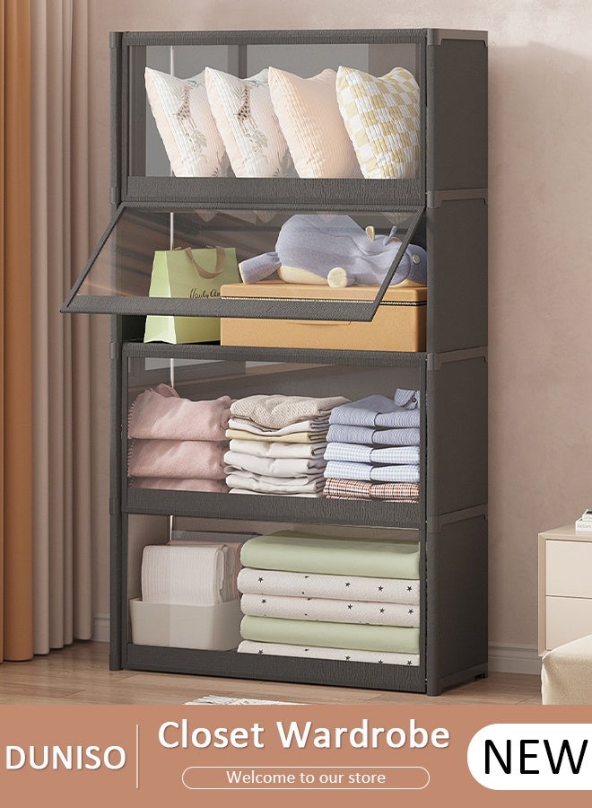 DUNISO Portable Fabric Wardrobe, Large Capacity Dust Prevention Wardrobe Closet Organizer with 4 Storage Shelves, Clothes Storage Cabinet with Clear Dust Cover, Closet Organizer with Metal Frame for Bedroom Living Room - Image 1