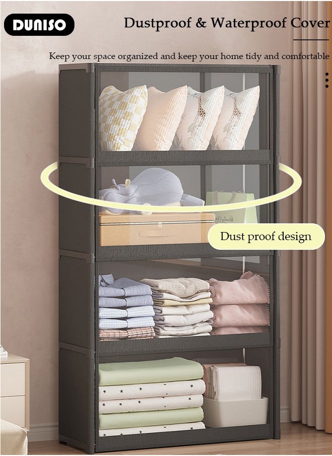 DUNISO Portable Fabric Wardrobe, Large Capacity Dust Prevention Wardrobe Closet Organizer with 4 Storage Shelves, Clothes Storage Cabinet with Clear Dust Cover, Closet Organizer with Metal Frame for Bedroom Living Room  - Image 2