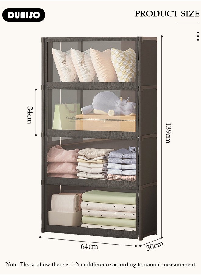 DUNISO Portable Fabric Wardrobe, Large Capacity Dust Prevention Wardrobe Closet Organizer with 4 Storage Shelves, Clothes Storage Cabinet with Clear Dust Cover, Closet Organizer with Metal Frame for Bedroom Living Room  - Image 4