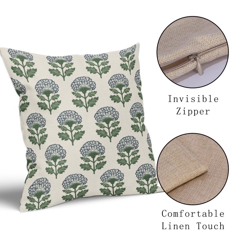 Aytipun Blue Green Floral Block Print Pillow Covers 20x20 Set of 2 Flower Pattern Cream Spring Summer Decorative Throw Pillowcases Outdoor Rustic Farmhouse Cushion Cases Decor for Home Couch Sofa Bed - Image 4