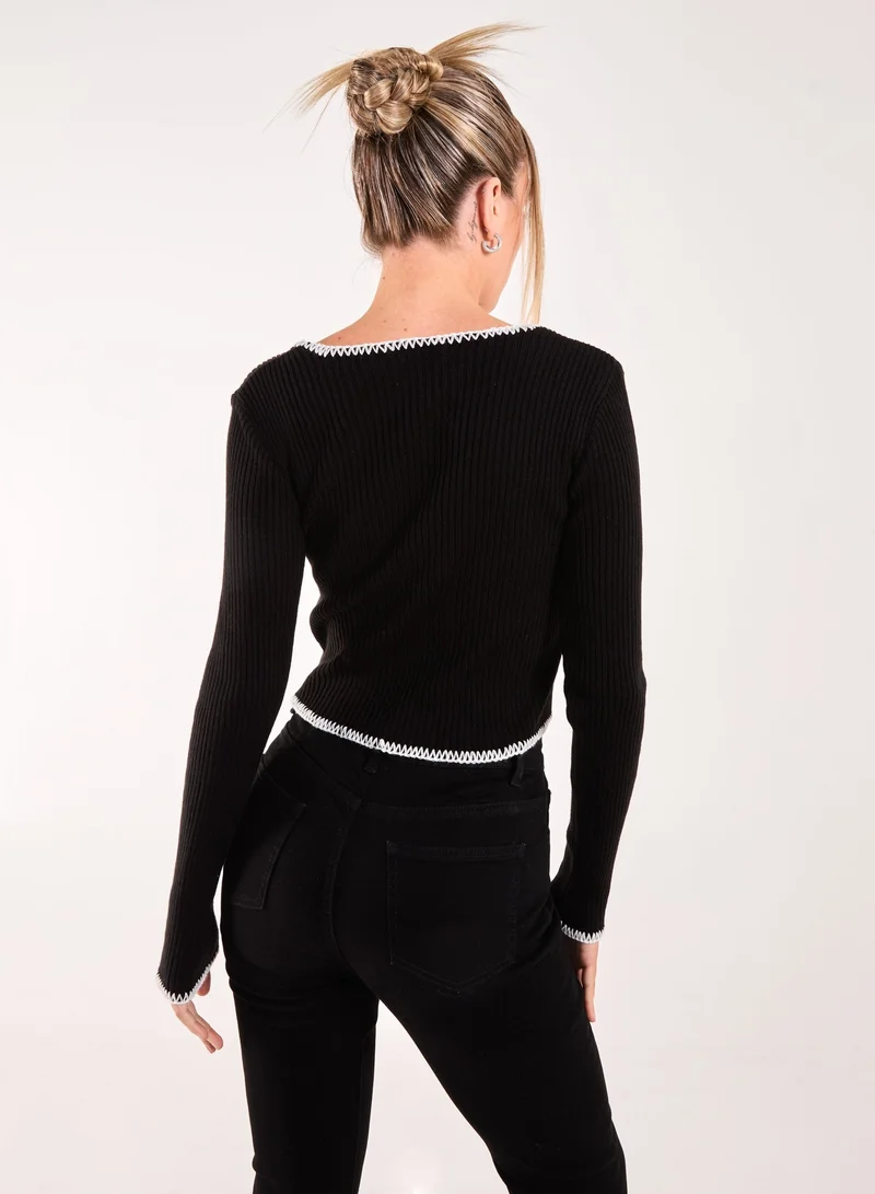 Pink Vanilla Contrast Stitch Long Sleeve Knit Top