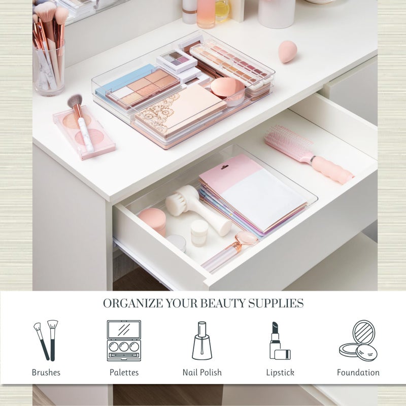 Stori Simplesort 2-Piece Stackable Clear Drawer Organizer Set | 15"" X 6"" X 2"" Rectangle Trays | Wide Makeup Vanity Storage Bins And Office Desk Drawer Dividers | Made In Usa - Image 3