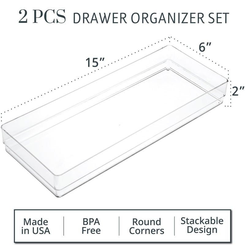 Stori Simplesort 2-Piece Stackable Clear Drawer Organizer Set | 15"" X 6"" X 2"" Rectangle Trays | Wide Makeup Vanity Storage Bins And Office Desk Drawer Dividers | Made In Usa - Image 2