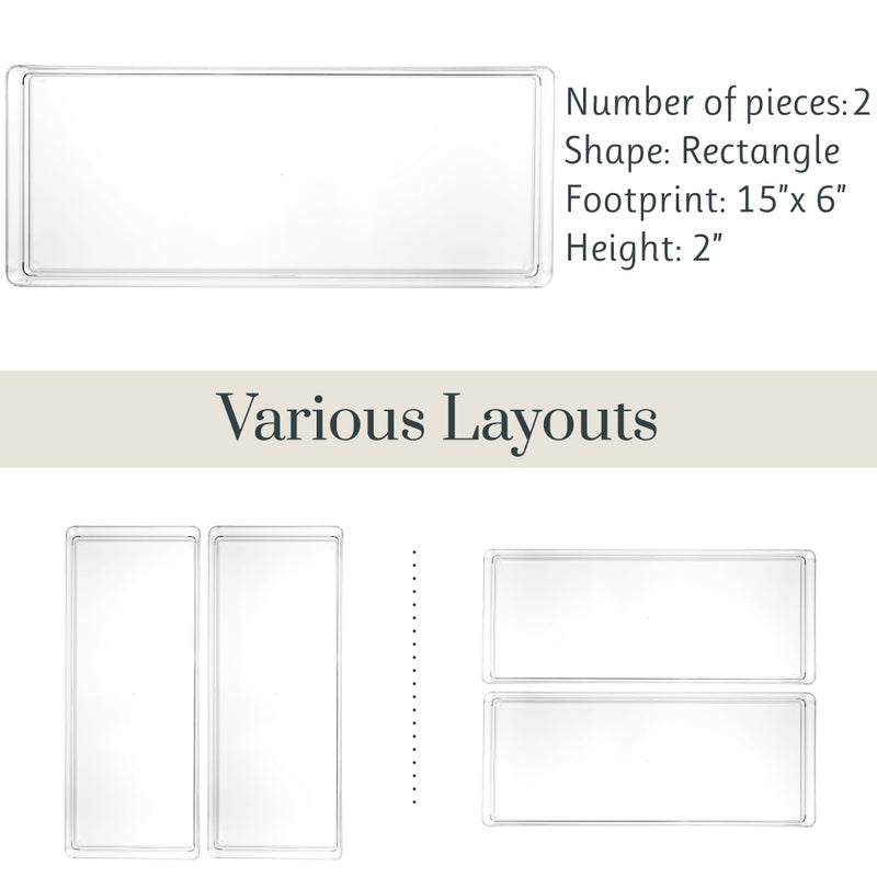 Stori Simplesort 2-Piece Stackable Clear Drawer Organizer Set | 15"" X 6"" X 2"" Rectangle Trays | Wide Makeup Vanity Storage Bins And Office Desk Drawer Dividers | Made In Usa - Image 5