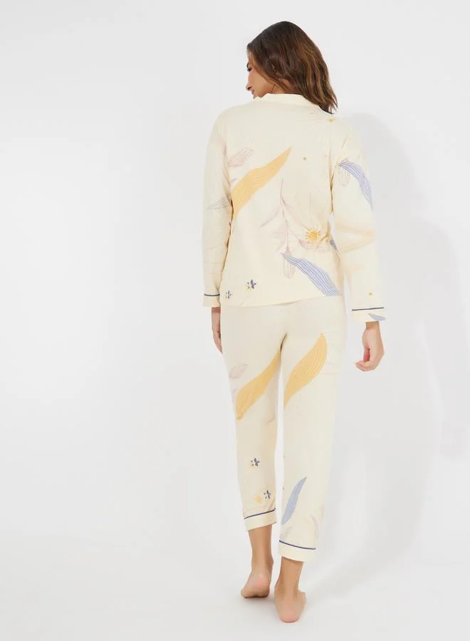 Styli AOP Floral Collarless Long Sleeve Shirt & Pyjama Set