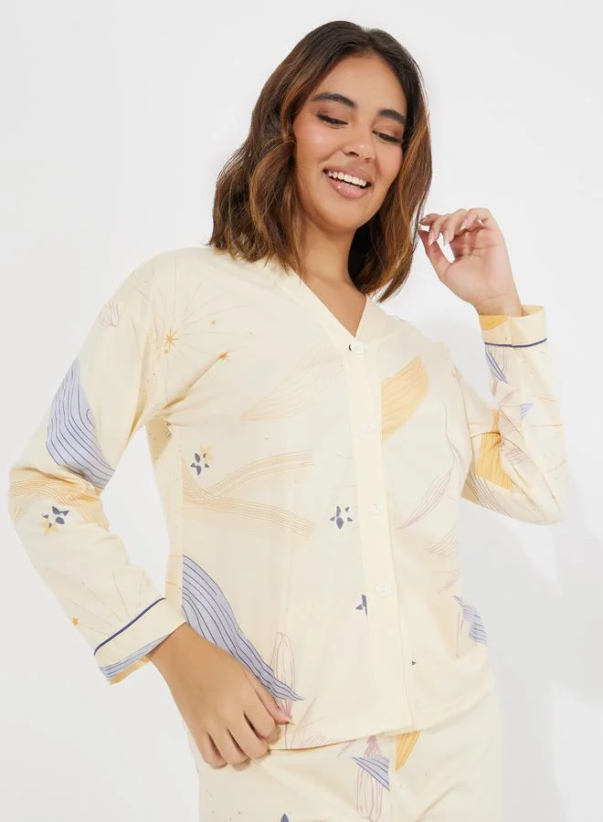 Styli AOP Floral Collarless Long Sleeve Shirt & Pyjama Set
