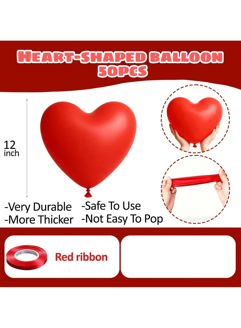 Jolley Red Heart Latex Balloon Red Heart Balloon Decorative Set with Hanging Streamer for Valentine's Day, Proposal, Romantic Wedding Party 50pcs - Image 3