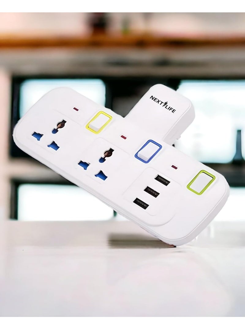 Next Life Multi Plug Extension Socket, 2 Way Electrical Outlet Extender With 3 USB Ports, Wall Charger, Universal Plug Adapter for Home, Office, Kitchen, Individually Switched - Image 3