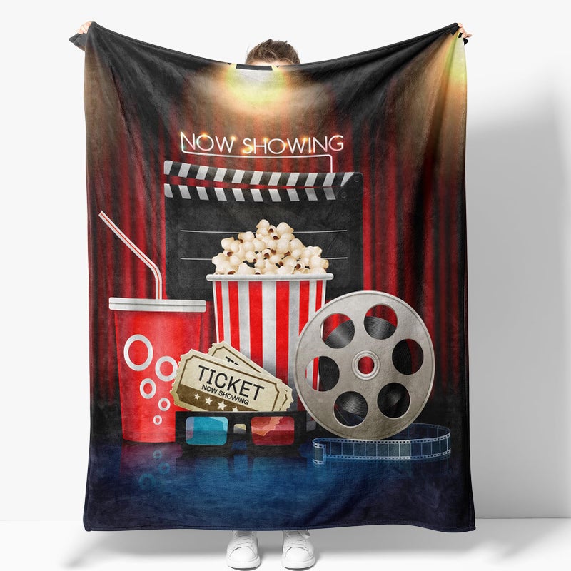 NuKuNsKf السينما موضوع هدايا بطانية للنساء الفتيات بويز الرجال السينما clapboard فيلم Popcorn print for Kids البالغين في سن المراهقة عيد ميلاد ديكور ديكور المنزل الأريكة ناعمة مريحة الفانيلا رمي 60 "x50" - Image 4