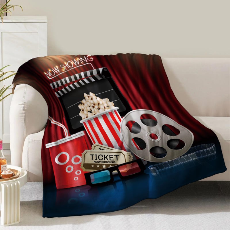 NuKuNsKf السينما موضوع هدايا بطانية للنساء الفتيات بويز الرجال السينما clapboard فيلم Popcorn print for Kids البالغين في سن المراهقة عيد ميلاد ديكور ديكور المنزل الأريكة ناعمة مريحة الفانيلا رمي 60 "x50" - Image 1