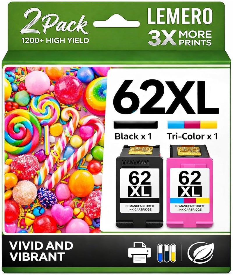 خراطيش حبر 62XL المعاد تصنيعها بديل لخرطوشة حبر HP 62 لطابعات HP 62XL، مجموعة خراطيش مزدوجة متوافقة مع طابعات Envy 7640 و5660 و5540 و7645 و5746 وOfficeJet 250 و200 و5740 والطابعات المحمولة. - Image 1