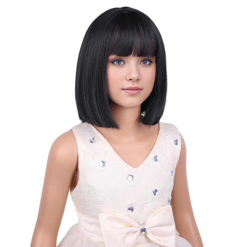 PATTNIUM Kids Black Wig Child Black bob Wig Short Black Wig for Girls Cosplay Party Synthetic Rose Net Daily Wear Wig (Black) - Image 2