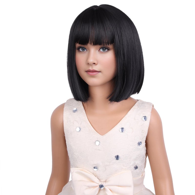PATTNIUM Kids Black Wig Child Black bob Wig Short Black Wig for Girls Cosplay Party Synthetic Rose Net Daily Wear Wig (Black) - Image 3