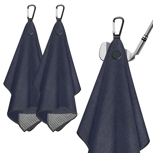 DESELL 2 Pack Magnetic Golf Towels with Clips, Steel Wire Cleaning Cloth, Ultra Absorbent Microfiber, Waffle Pattern Golf Towel with Magnet for Men Women, Golf Accessories for Golf Bags, Carts or Clubs - Image 1