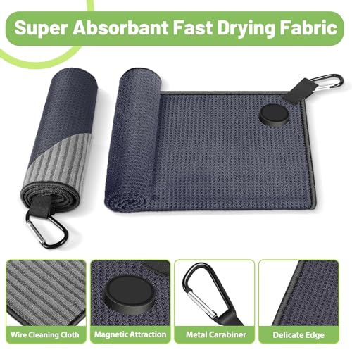 DESELL 2 Pack Magnetic Golf Towels with Clips, Steel Wire Cleaning Cloth, Ultra Absorbent Microfiber, Waffle Pattern Golf Towel with Magnet for Men Women, Golf Accessories for Golf Bags, Carts or Clubs - Image 3