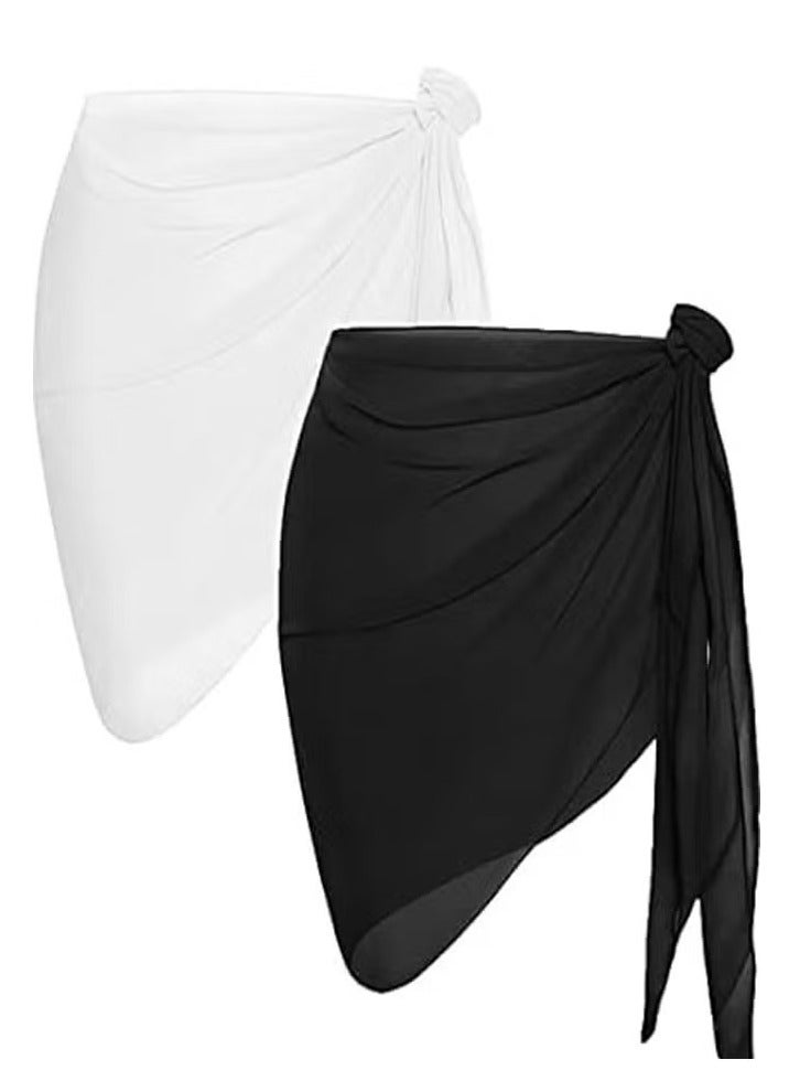 2pcs Women Beach Sarong Bathing Suit Wrap Skirt Sheer Bikini Swimsuit Cover Ups Short Skirt Chiffon Scarf for Swimwear Black White - Image 1