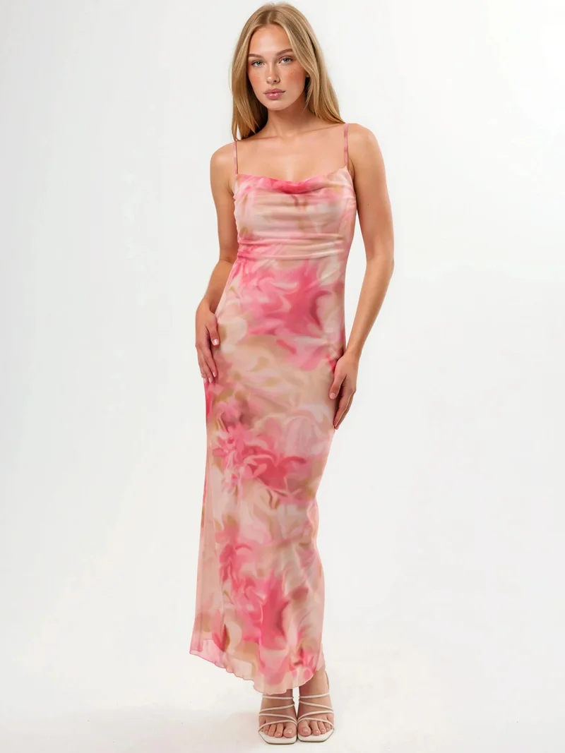 هيكاب فستان ماكسي ضيق مطبوع من التل