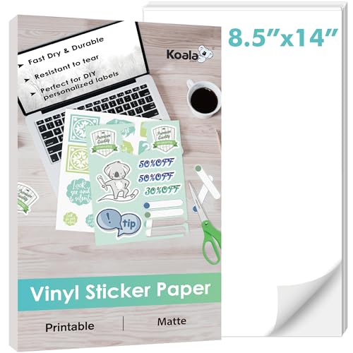 KOALA PAPER Koala Printable Vinyl Sticker Paper for Inkjet Printer, 8.5x14 inch 20 Sheets Matte White Waterproof Vinyl Sticker Paper, Work with Cutting Machine - Image 1