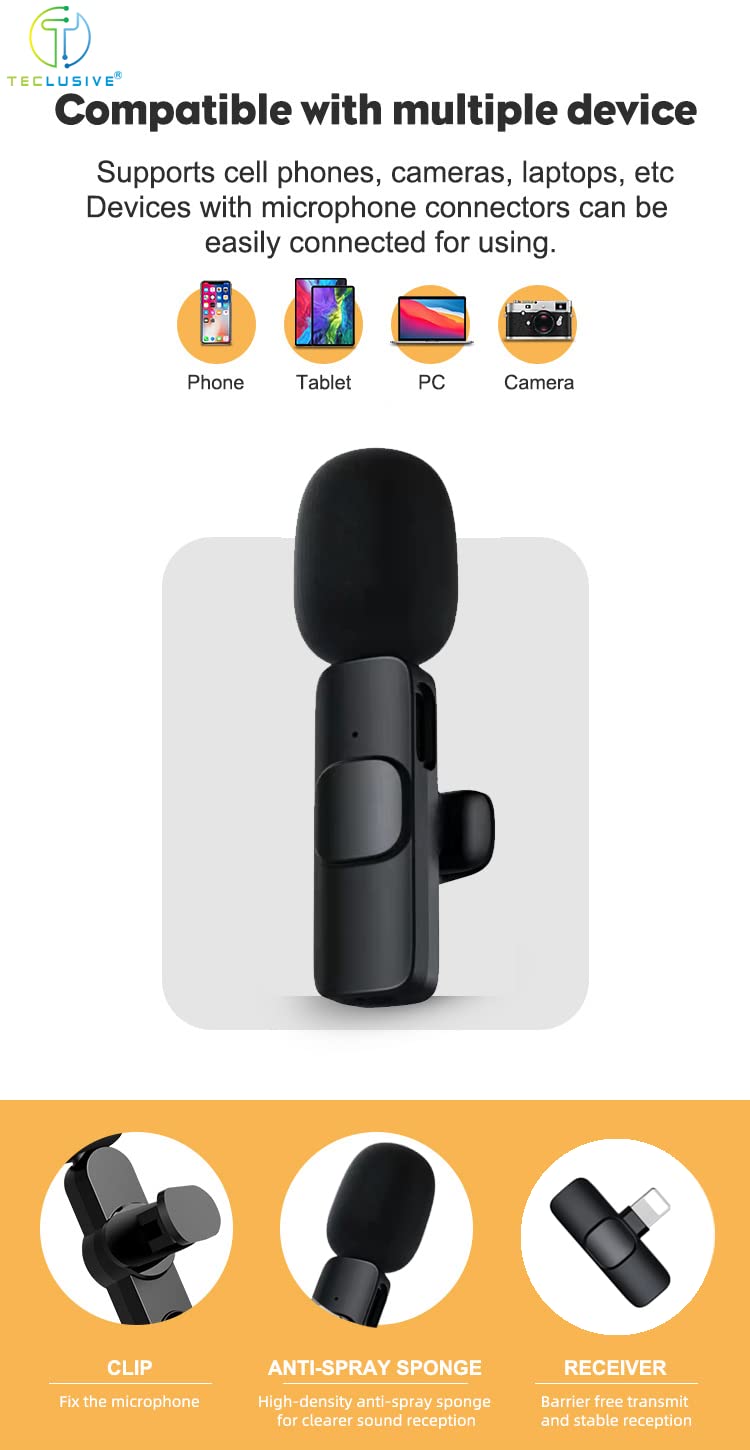 T TECLUSIVE 2 in 1 Wireless Lavalier Microphone Compatible for iPhone & Type C | Mini Wireless Mic with Noise Cancellation Suitable for Vlog Insta Online Live Streaming Video Recording | Plug & Play - Image 2