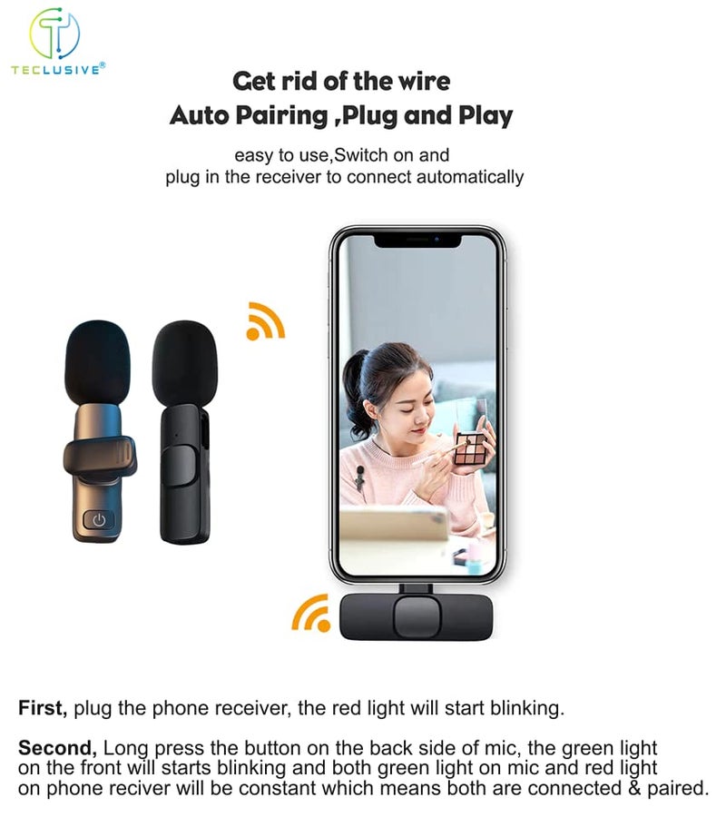 T TECLUSIVE 2 in 1 Wireless Lavalier Microphone Compatible for iPhone & Type C | Mini Wireless Mic with Noise Cancellation Suitable for Vlog Insta Online Live Streaming Video Recording | Plug & Play - Image 3