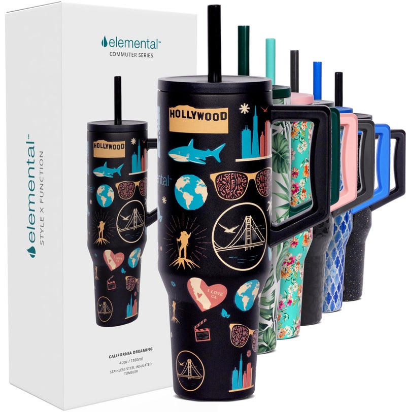 كوب تامبلر سعة 40 أونصة مع مقبض وقشة مقاوم للتسرب معزول من الفولاذ المقاوم للصدأ للمشروبات الساخنة والباردة، كوب قهوة للسفر مع 2 قشة وغطاء مقاوم للتسرب 40 أونصة كاليفورنيا دريمينغ