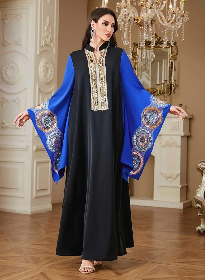 تايك تو Black Sequin Embellished Maxi Jalabiya with Blue Batwing Sleeves