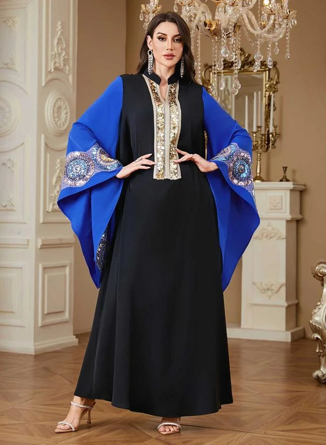 تايك تو Black Sequin Embellished Maxi Jalabiya with Blue Batwing Sleeves