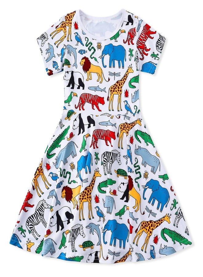 WonderBabe Girls Short Sleeve Dinosaur Dress Casual Dress A Line Twirly Skater Dresses Dance Costumes for Girls Size 6-7 Years - Image 1