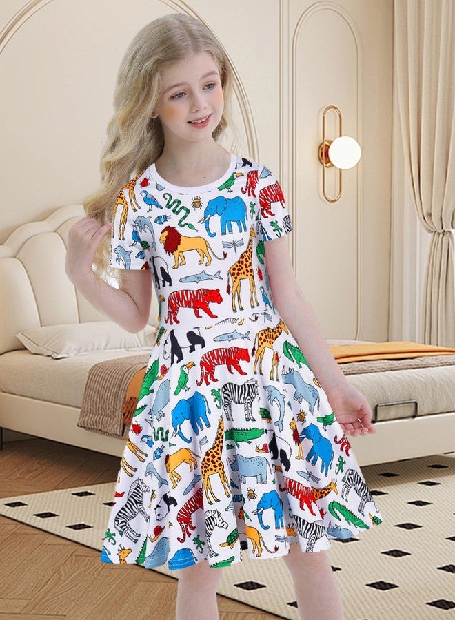 WonderBabe Girls Short Sleeve Dinosaur Dress Casual Dress A Line Twirly Skater Dresses Dance Costumes for Girls Size 6-7 Years - Image 2