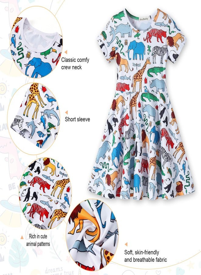 WonderBabe Girls Short Sleeve Dinosaur Dress Casual Dress A Line Twirly Skater Dresses Dance Costumes for Girls Size 6-7 Years - Image 3