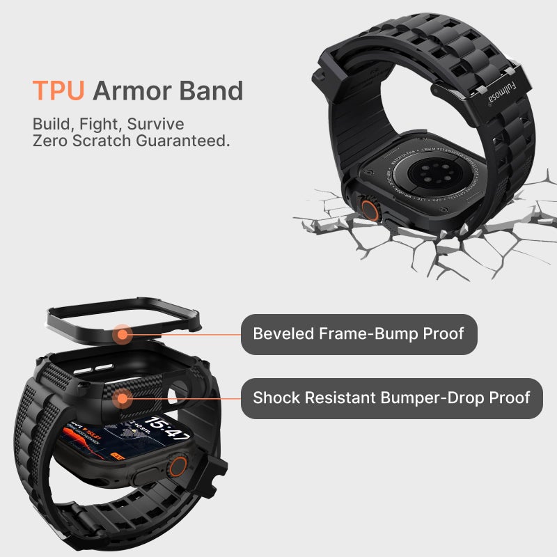 Fullmosa Compatible with Apple Watch Bands 49mm Ultra3/2/1, Rugged Apple Watch Strap Ultra with Military Grade Shockproof Bumper Case & Screen Protector for Men Women, Black - Image 2