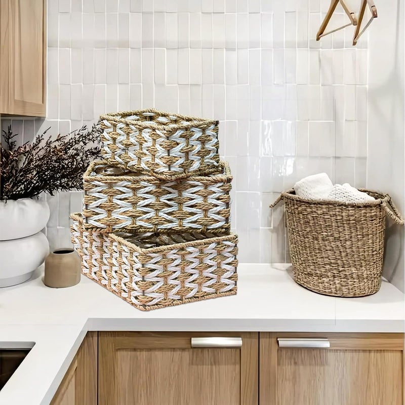 Woven Basket for Organizing, 3Pcs Recycled Paper Rope Storage Baskets Container Bins for Shelves Bathroom Cupboards Drawer, Handmade Boho Decorative Square Basket Organizer, Storage Baskets - Image 4