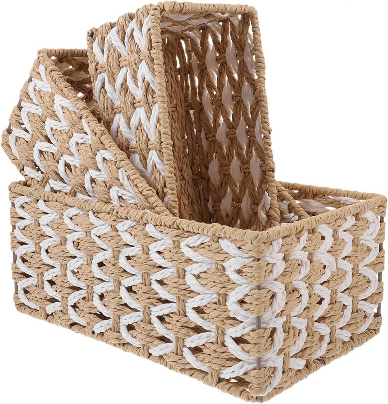 Woven Basket for Organizing, 3Pcs Recycled Paper Rope Storage Baskets Container Bins for Shelves Bathroom Cupboards Drawer, Handmade Boho Decorative Square Basket Organizer, Storage Baskets - Image 1