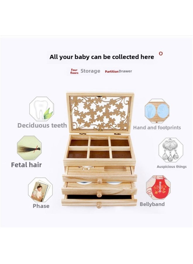 Multifunctional Children's Teeth Storage Box Baby Teeth Storage Fetal Hair Umbilical Cord Collection Storage Memorial Hand And Foot Print Box-Color:Wood Color Gold Ink Pad - Image 1