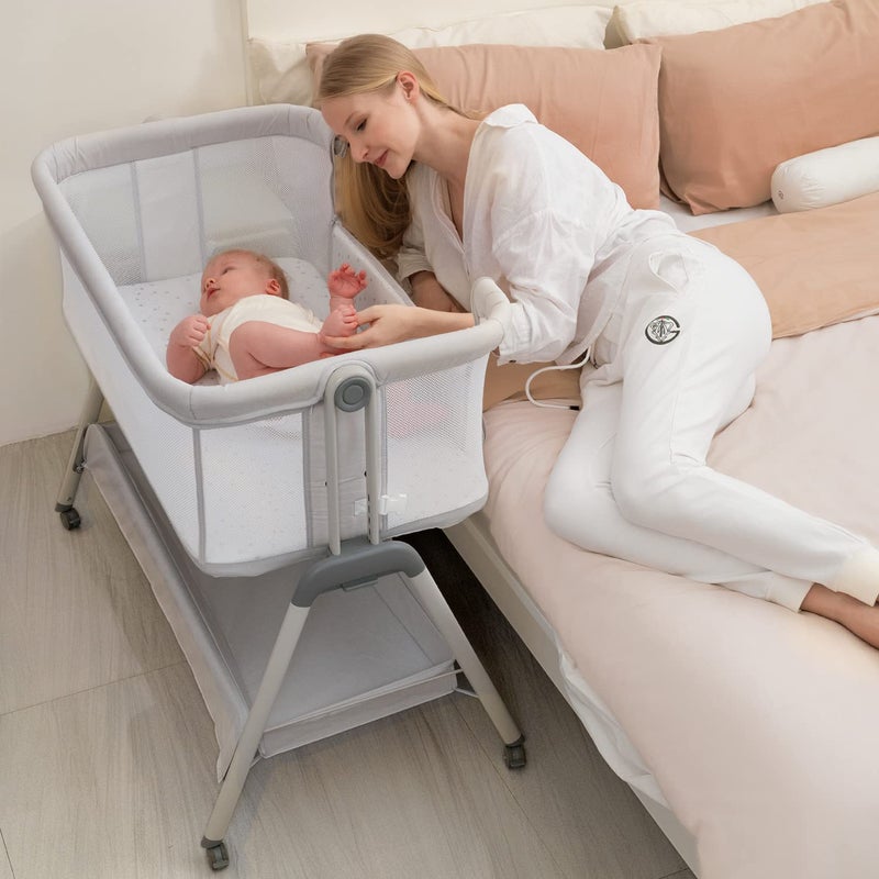 Angel Bliss ANGELBLISS Baby Bassinet Bedside Sleeper Easy Folding Portable Bassinet for Baby with Wheels Adjustable Height Included Mattress Beige